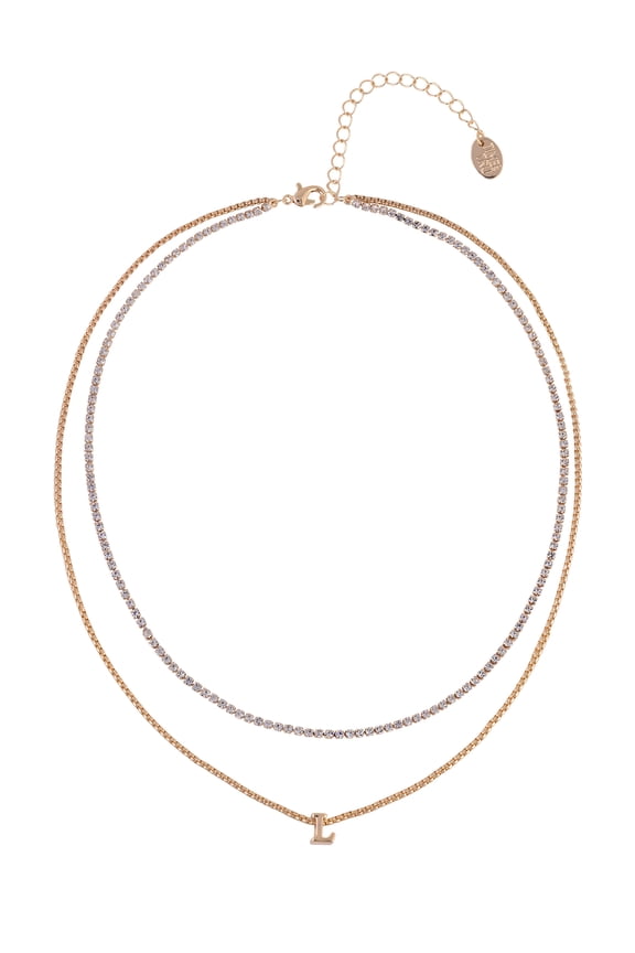 Goldtone 2-Row Rhinestone and Initial "L" Necklace