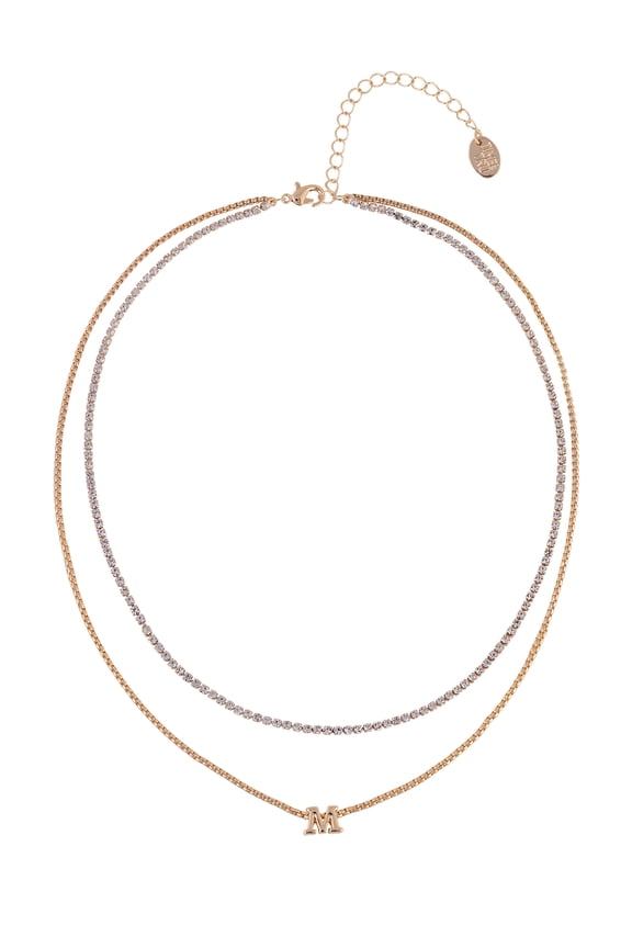 Goldtone 2-Row Rhinestone and Initial "M" Necklace