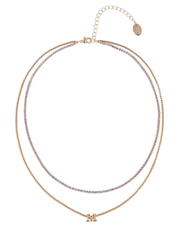 Goldtone 2-Row Rhinestone and Initial "M" Necklace
