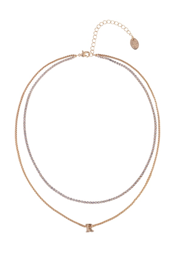Goldtone 2-Row Rhinestone and Initial "R" Necklace