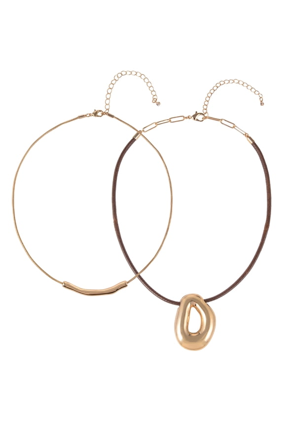 Goldtone 2 Row Thick Snake Chain and Cord with Oval Pendant Necklace