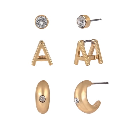 Time and Tru Goldtone 3-On Crystal Stud, Hoop, Initial "A" Earring Set