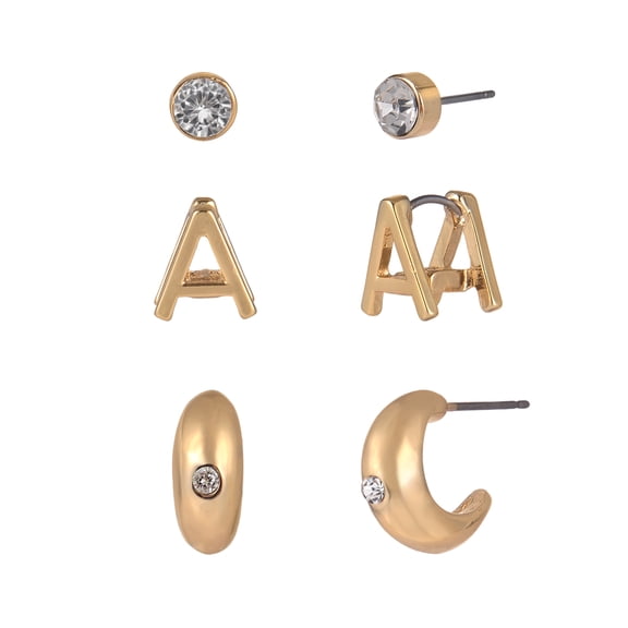 Time and Tru Goldtone 3-On Crystal Stud, Hoop, Initial "A" Earring Set