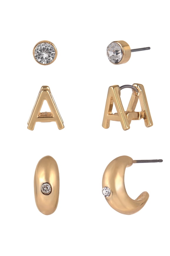 Goldtone 3-On Crystal Stud, Hoop, Initial "A" Earring Set