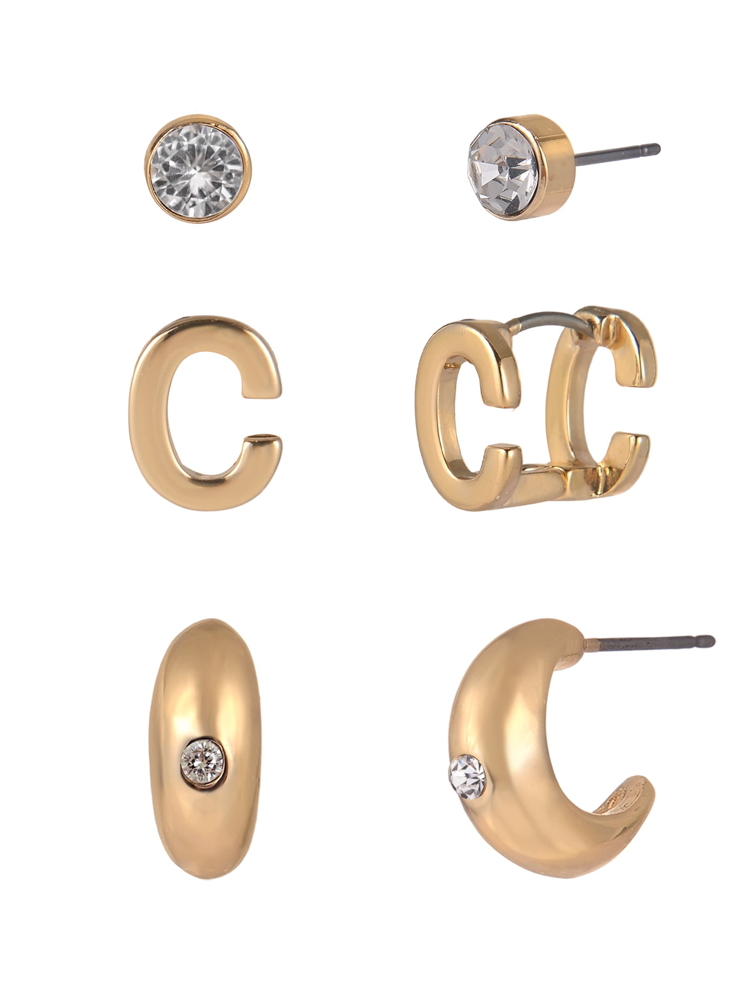 Time and Tru Goldtone 3-On Crystal Stud, Hoop, Initial "C" Earring Set