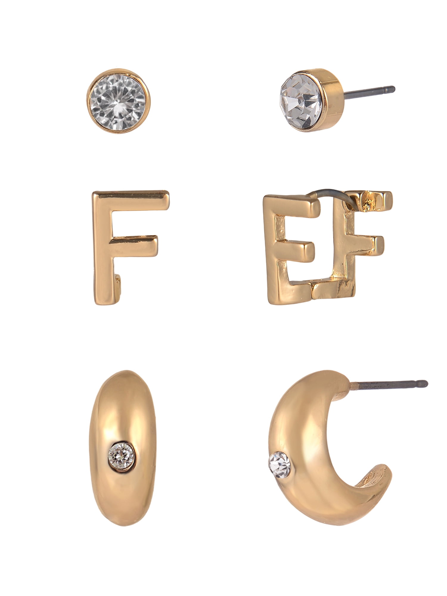 Time and Tru Goldtone 3-On Crystal Stud, Hoop, Initial "F" Earring Set
