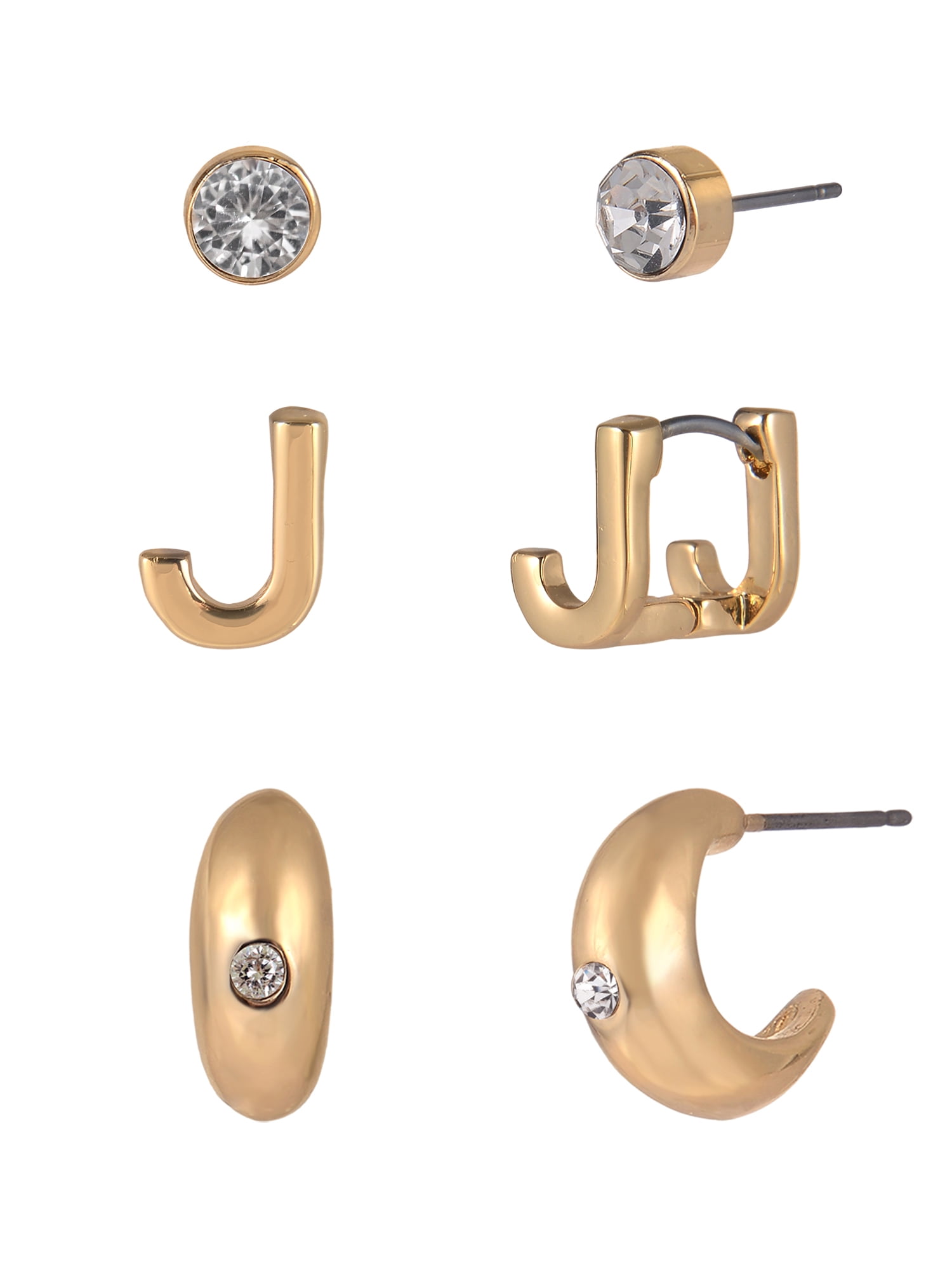 Time and Tru Goldtone 3-On Crystal Stud, Hoop, Initial "J" Earring Set