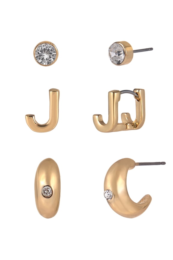 Goldtone 3-On Crystal Stud, Hoop, Initial "J" Earring Set