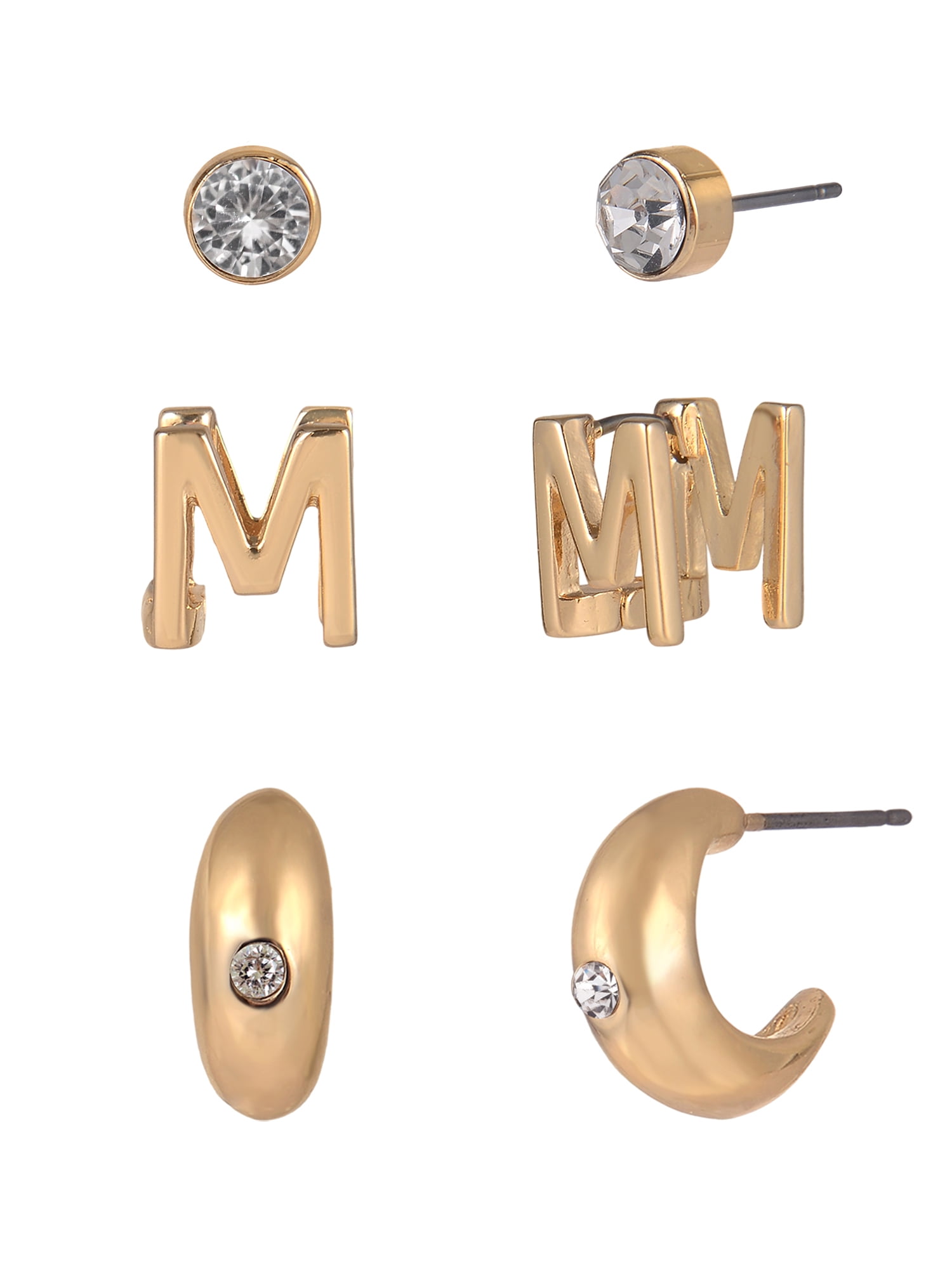 Time and Tru Goldtone 3-On Crystal Stud, Hoop, Initial "M" Earring Set