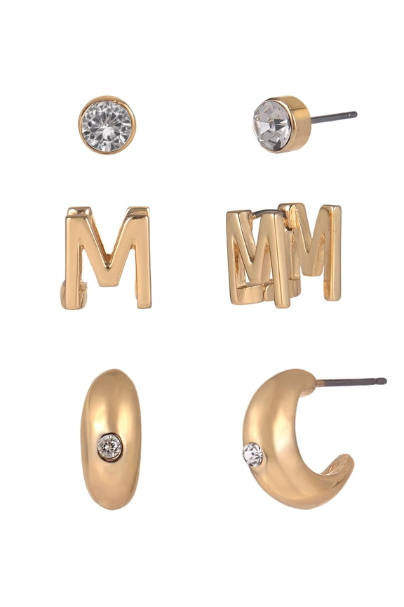 Goldtone 3-On Crystal Stud, Hoop, Initial "M" Earring Set