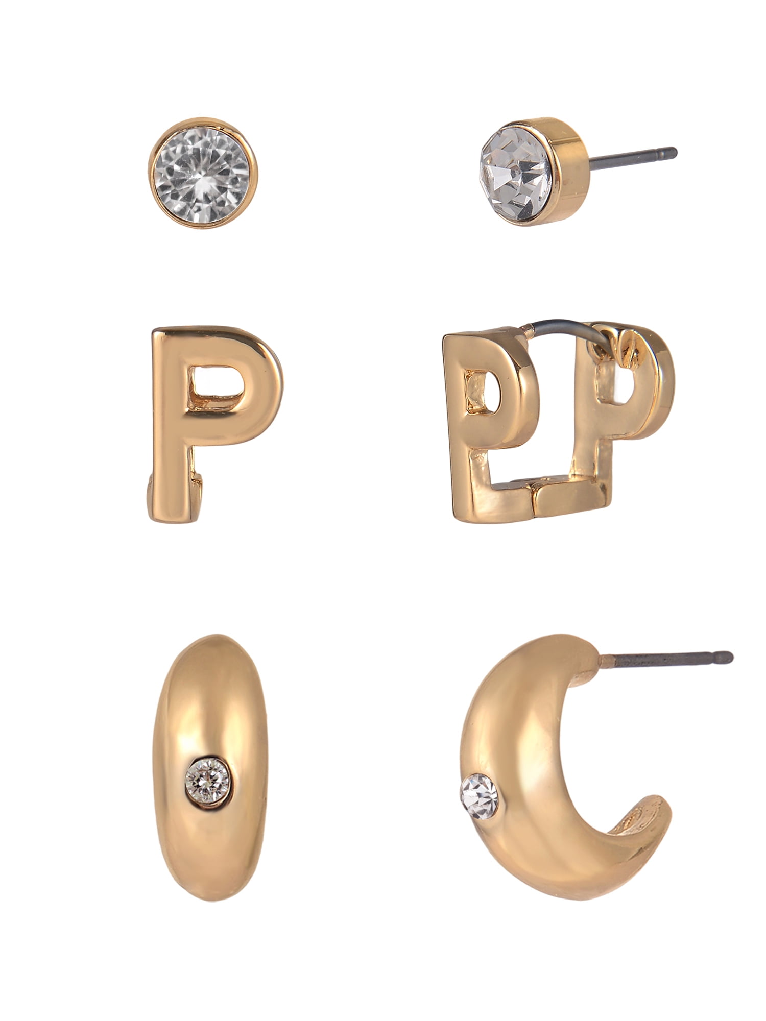 Time and Tru Goldtone 3-On Crystal Stud, Hoop, Initial "P" Earring Set
