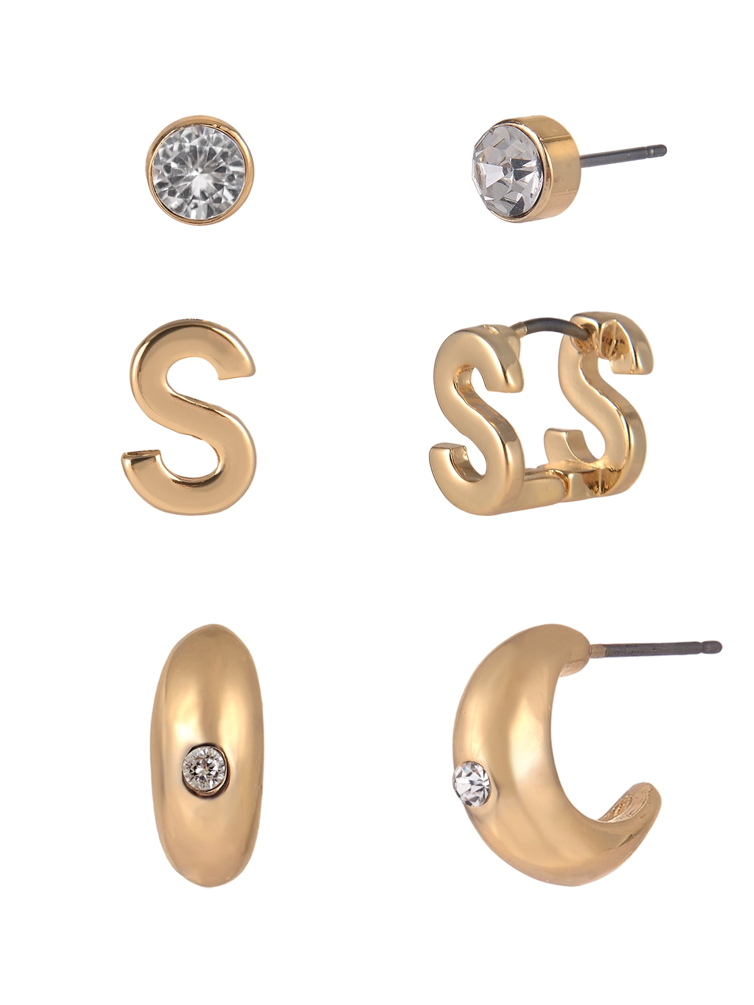 Time and Tru Goldtone 3-On Crystal Stud, Hoop, Initial "S" Earring Set