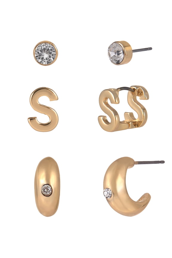 Goldtone 3-On Crystal Stud, Hoop, Initial "S" Earring Set