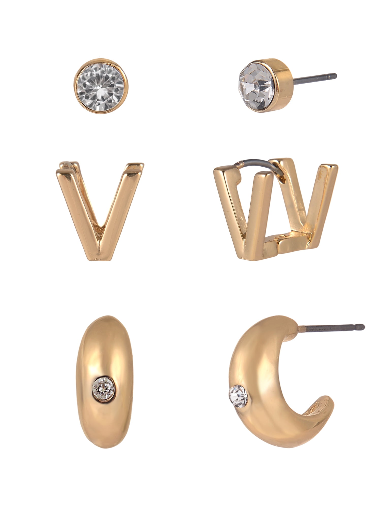 Time and Tru Goldtone 3-On Crystal Stud, Hoop, Initial "V" Earring Set