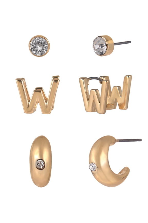 Goldtone 3-On Crystal Stud, Hoop, Initial "W" Earring Set