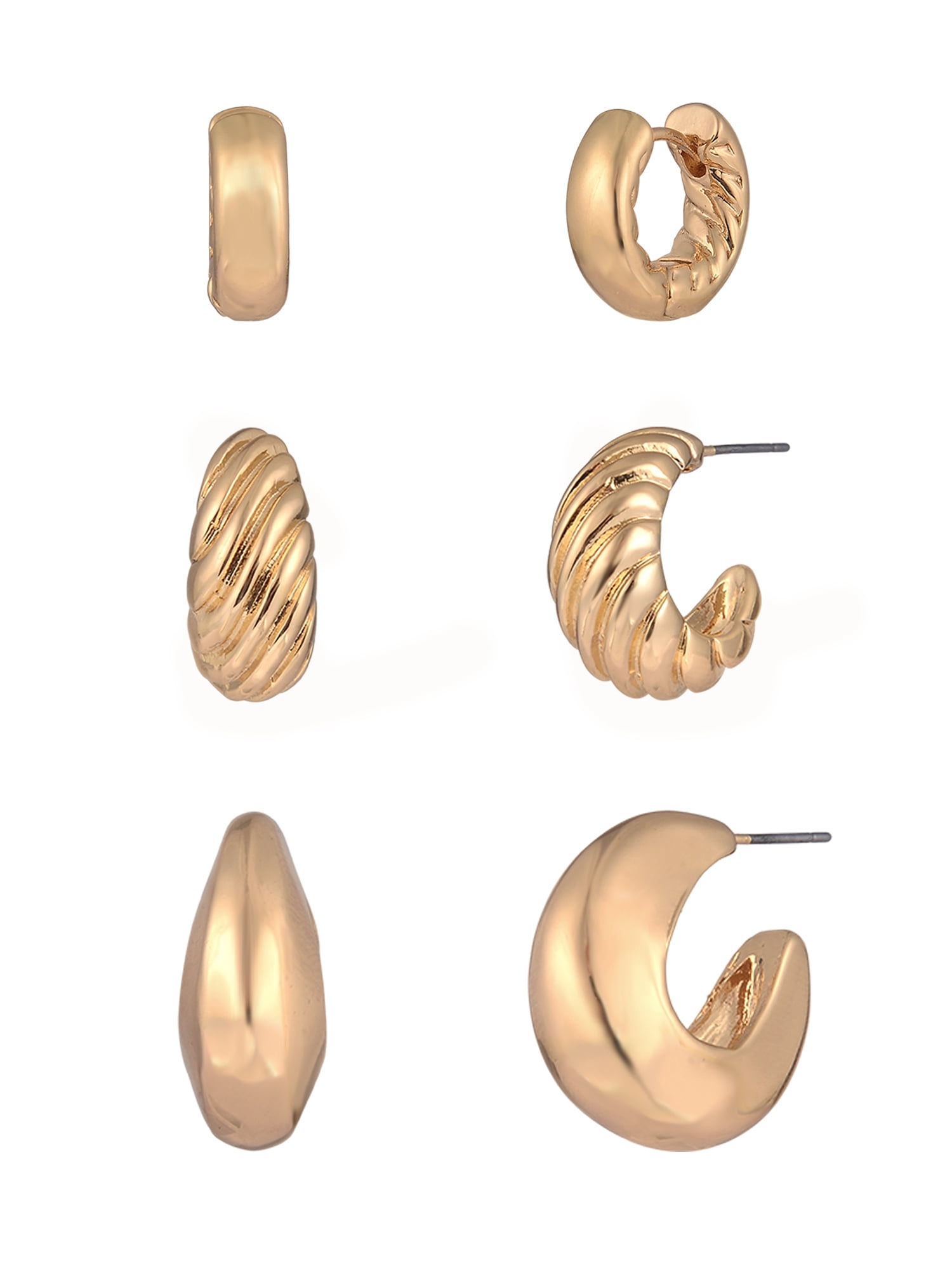 Time and Tru Goldtone 3-On Thick Textured C-Hoops Earring Set
