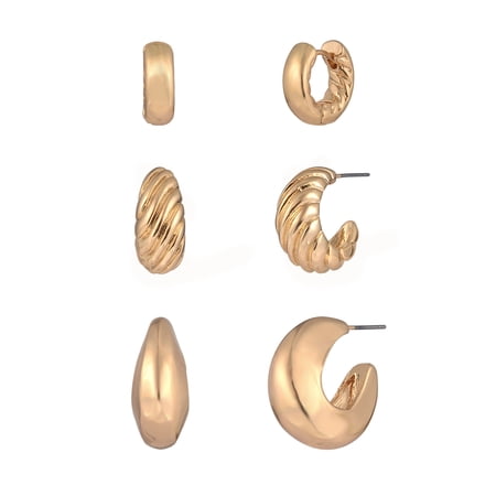 Time and Tru Goldtone 3-On Thick Textured C-Hoops Earring Set