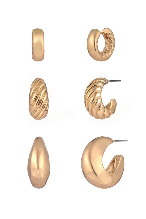 Goldtone 3-On Thick Textured C-Hoops Earring Set