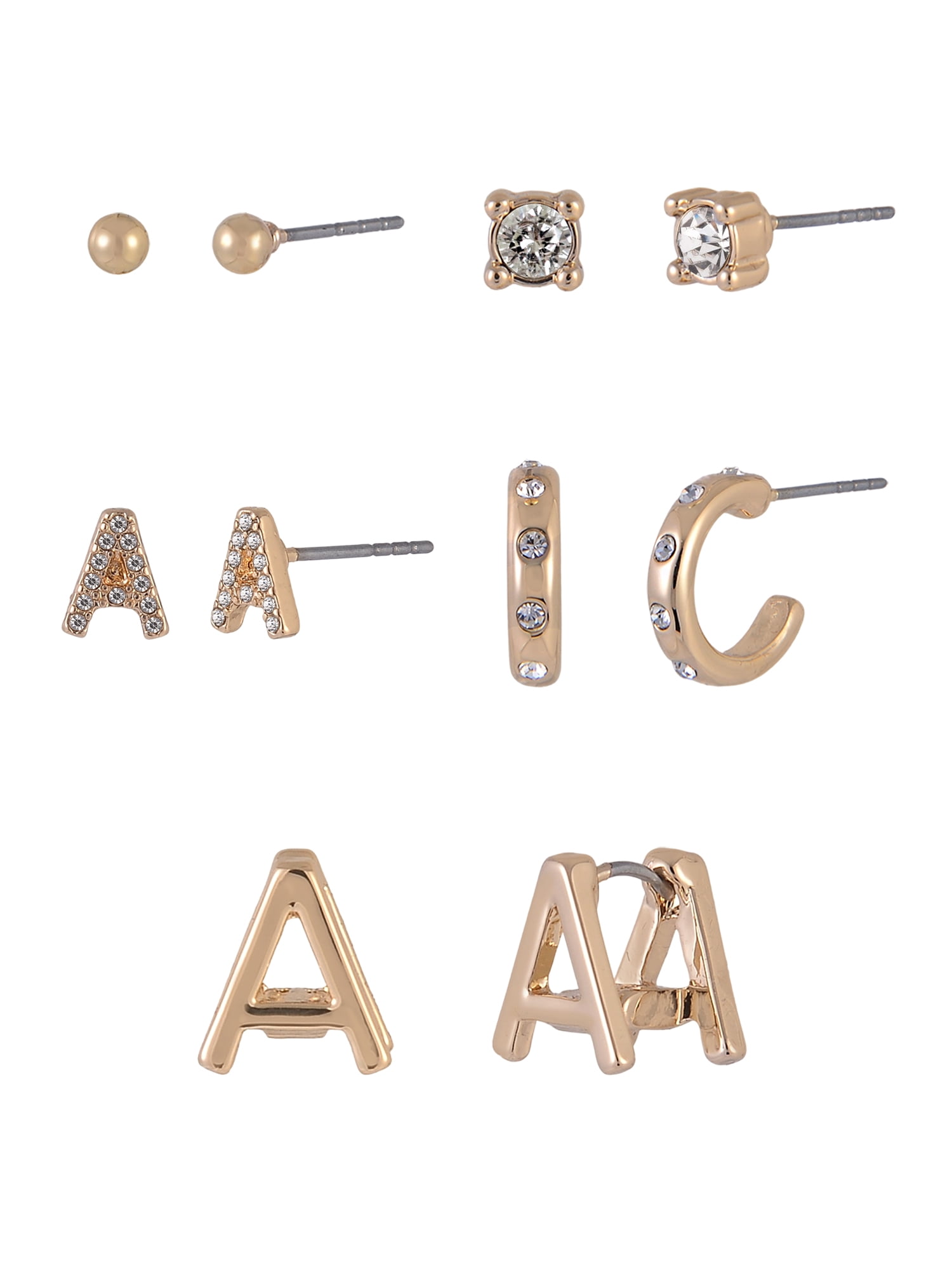 Time and Tru Goldtone 5pc Crystal Studs Hoop Initial "A"Earring Set