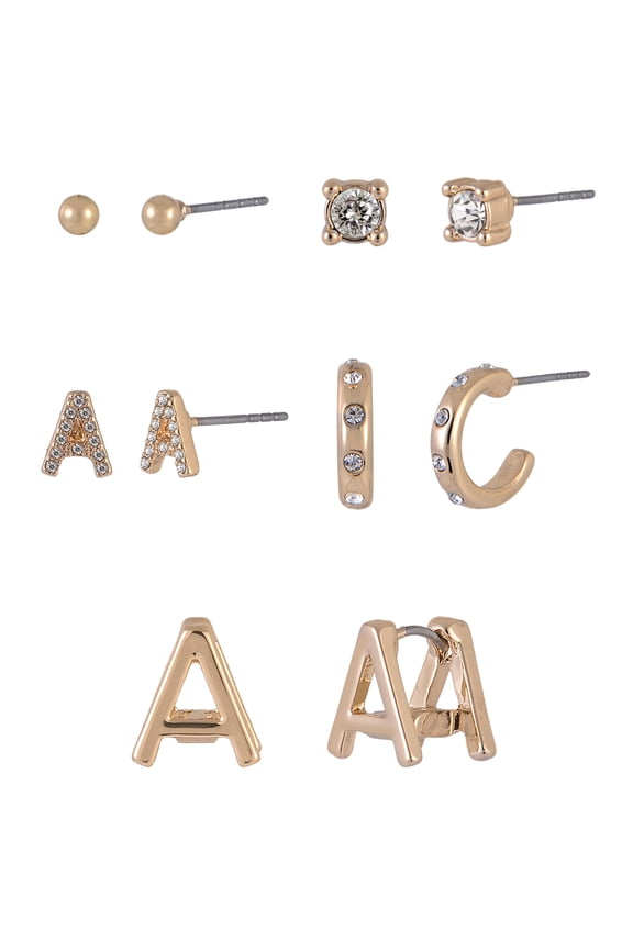 Goldtone 5pc Crystal Studs Hoop Initial "A"Earring Set