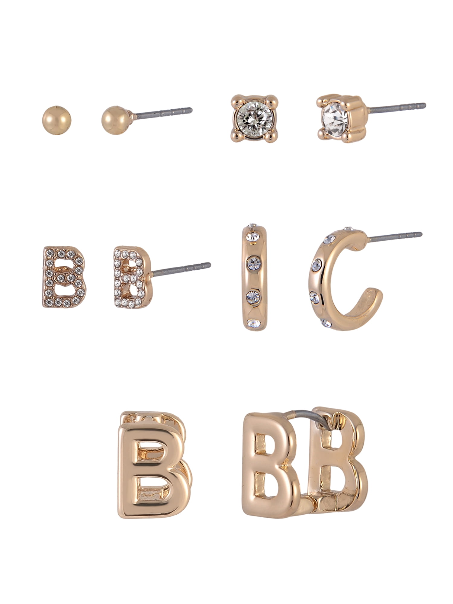 Time and Tru Goldtone 5pc Crystal Studs Hoop Initial "B"Earring Set