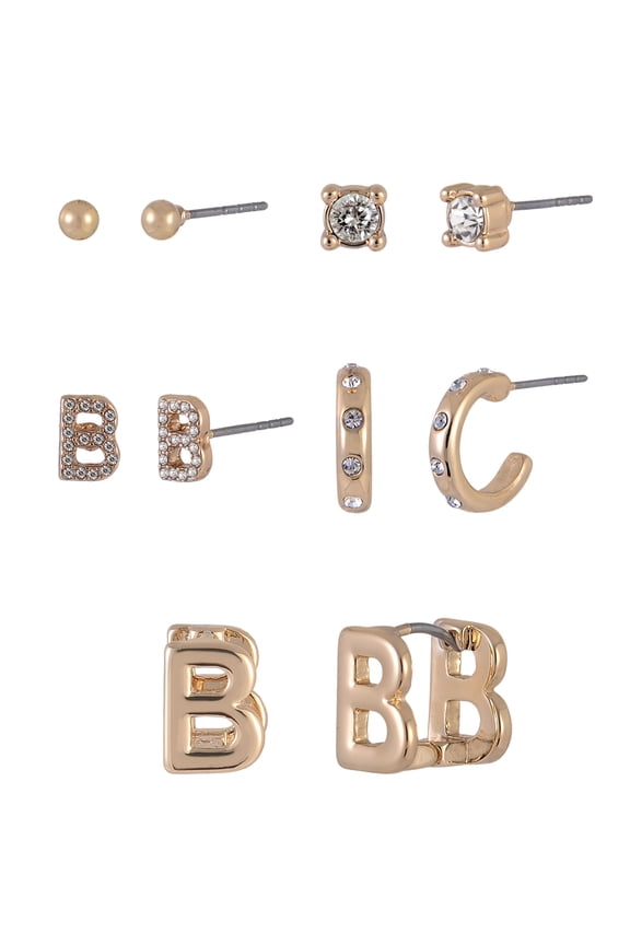 Goldtone 5pc Crystal Studs Hoop Initial "B"Earring Set