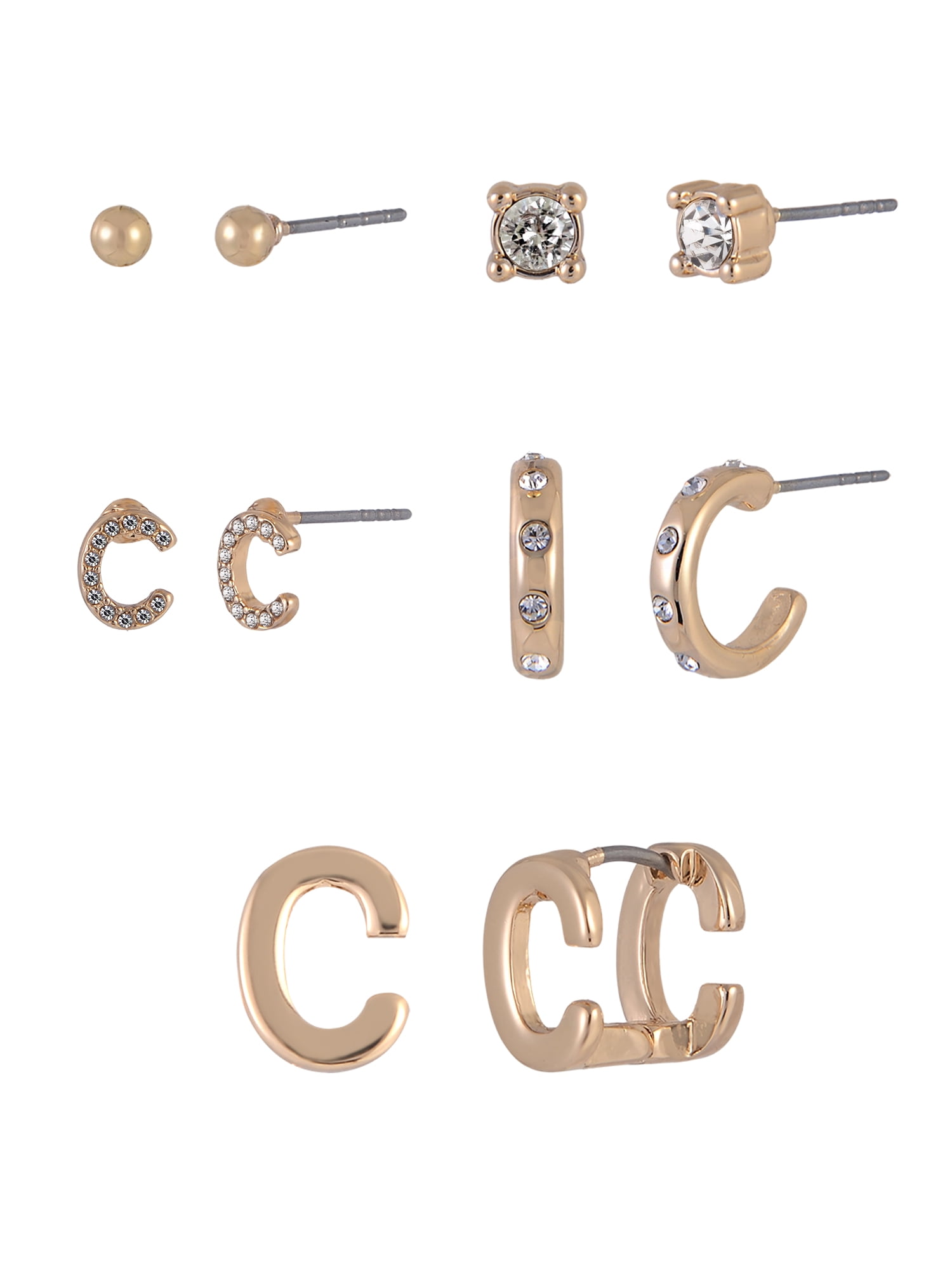 Time and Tru Goldtone 5pc Crystal Studs Hoop Initial "C"Earring Set