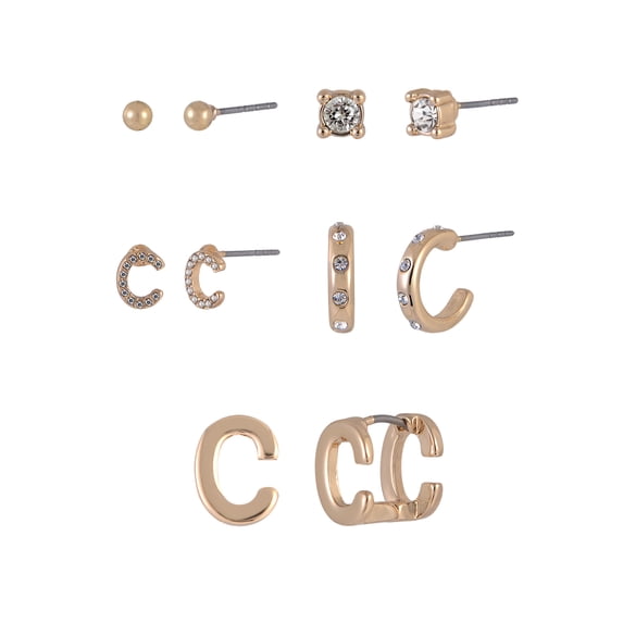 Time and Tru Goldtone 5pc Crystal Studs Hoop Initial "C"Earring Set