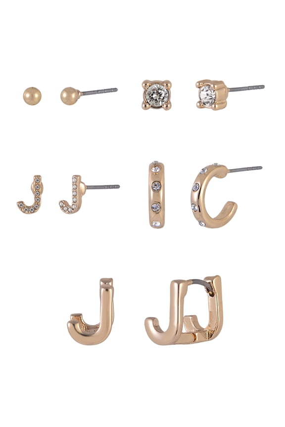 Goldtone 5pc Crystal Studs Hoop Initial "J"Earring Set