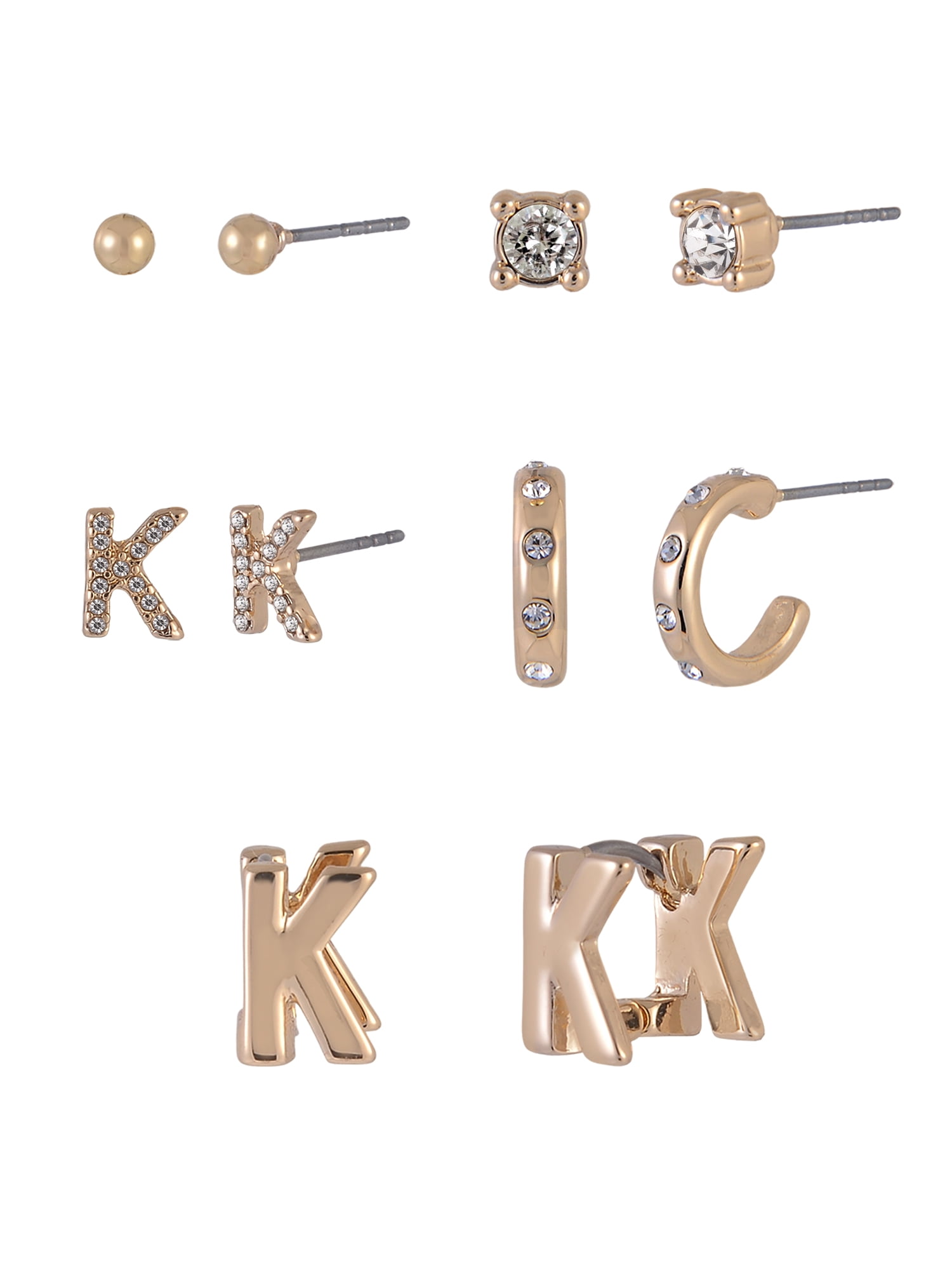Time and Tru Goldtone 5pc Crystal Studs Hoop Initial "K"Earring Set