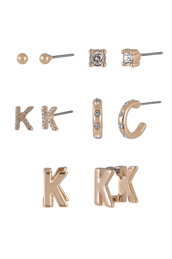 Goldtone 5pc Crystal Studs Hoop Initial "K"Earring Set