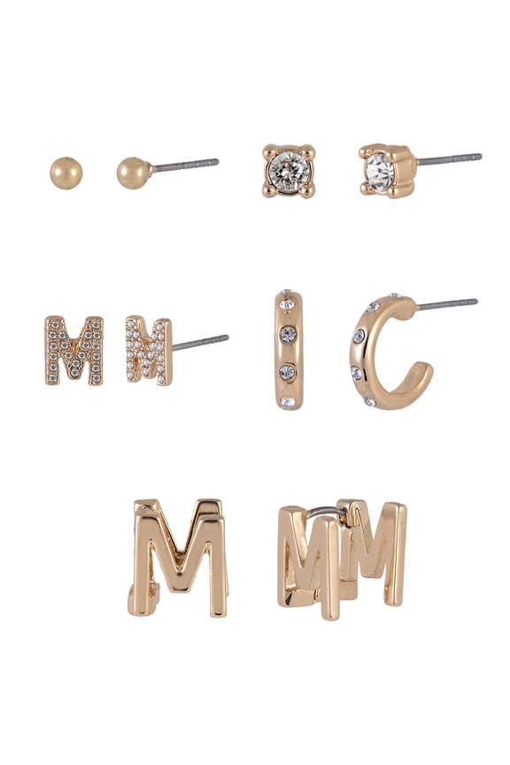 Goldtone 5pc Crystal Studs Hoop Initial "M"Earring Set