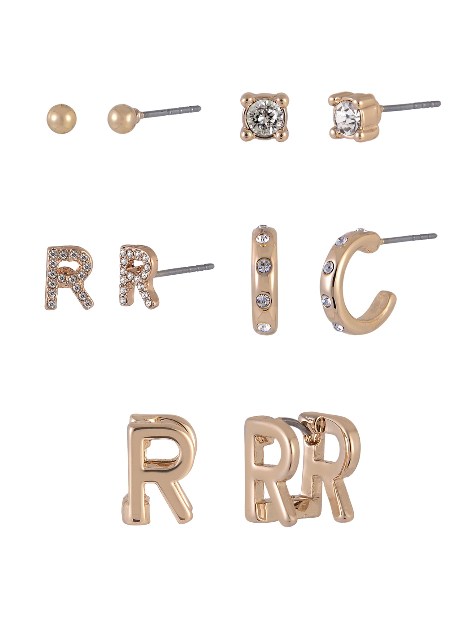 Time and Tru Goldtone 5pc Crystal Studs Hoop Initial "R"Earring Set