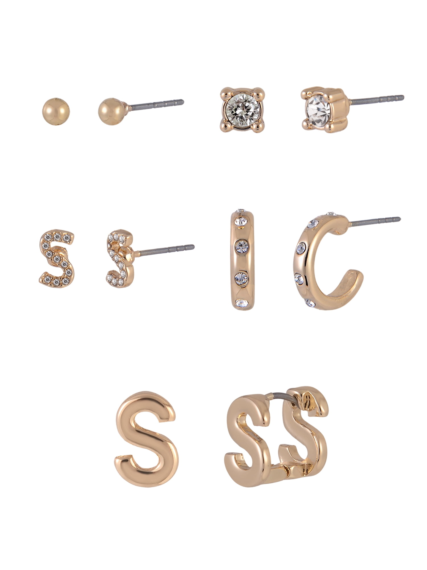 Time and Tru Goldtone 5pc Crystal Studs Hoop Initial "S"Earring Set