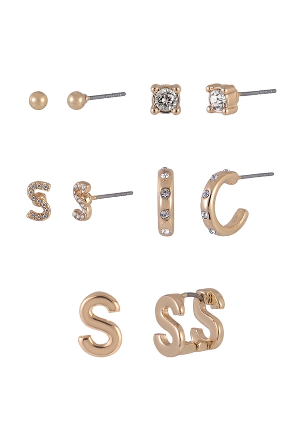 Goldtone 5pc Crystal Studs Hoop Initial "S"Earring Set