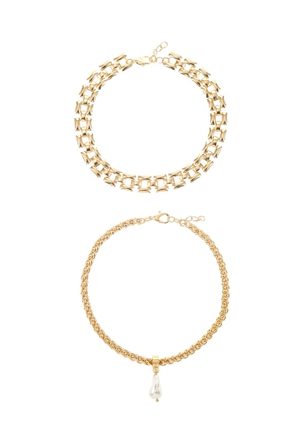 Goldtone Anklet Set, Simulated Pearl Charm, 2 Pieces