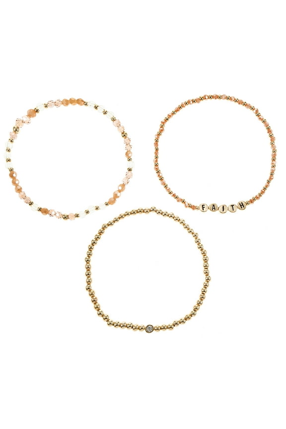 Goldtone Beaded Stretch Bracelets, Faith Mantra, 3 Pieces, Female