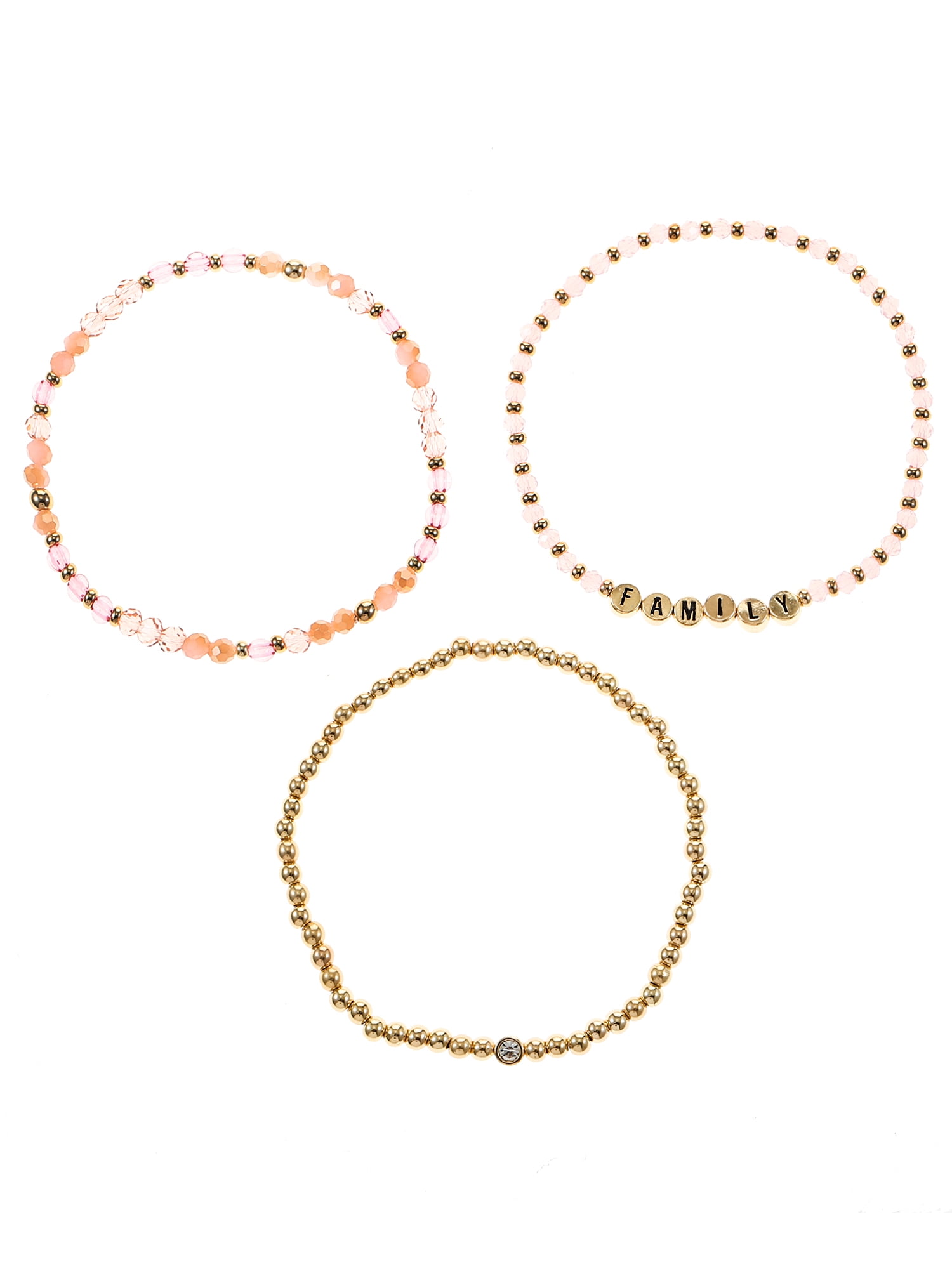 Time and Tru Goldtone Beaded Stretch Bracelets, Family Mantra, 3 Pieces, Female, Pink