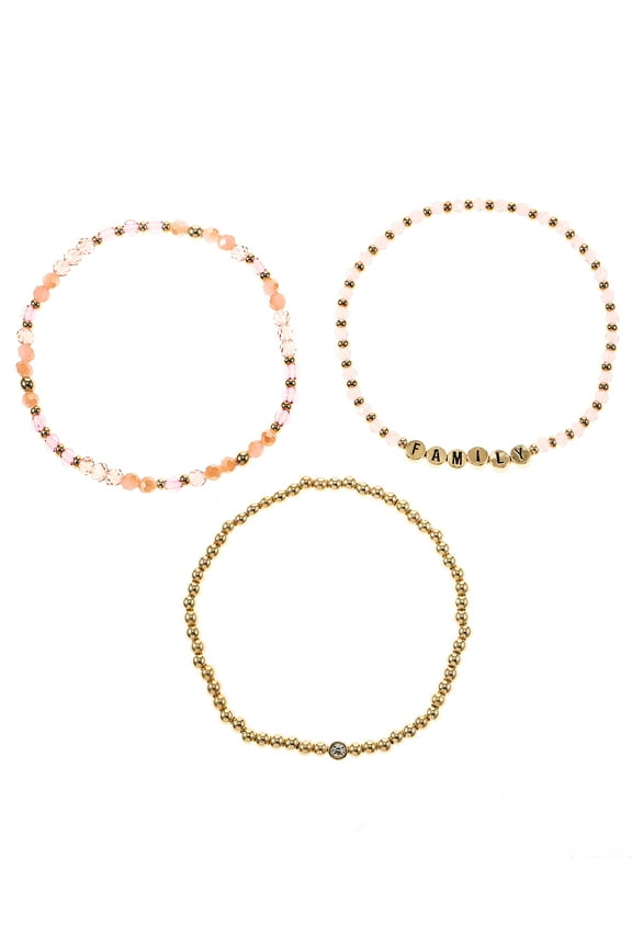 Goldtone Beaded Stretch Bracelets, Family Mantra, 3 Pieces, Female, Pink