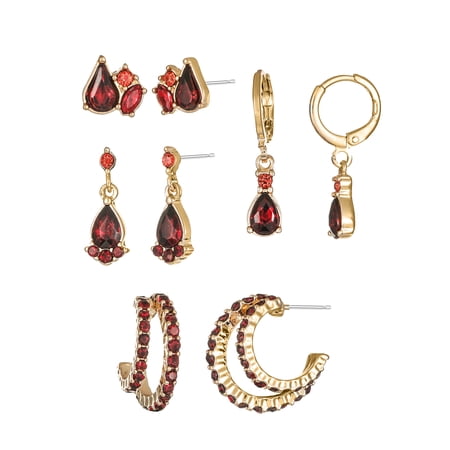 Time and Tru Goldtone Birthstone Earring Collection, January, Red, 4 Pairs