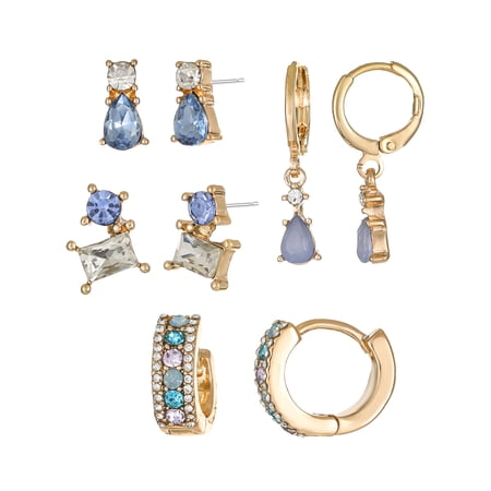 Time and Tru Goldtone Birthstone Earring Collection, March, Blue, 4 Pairs