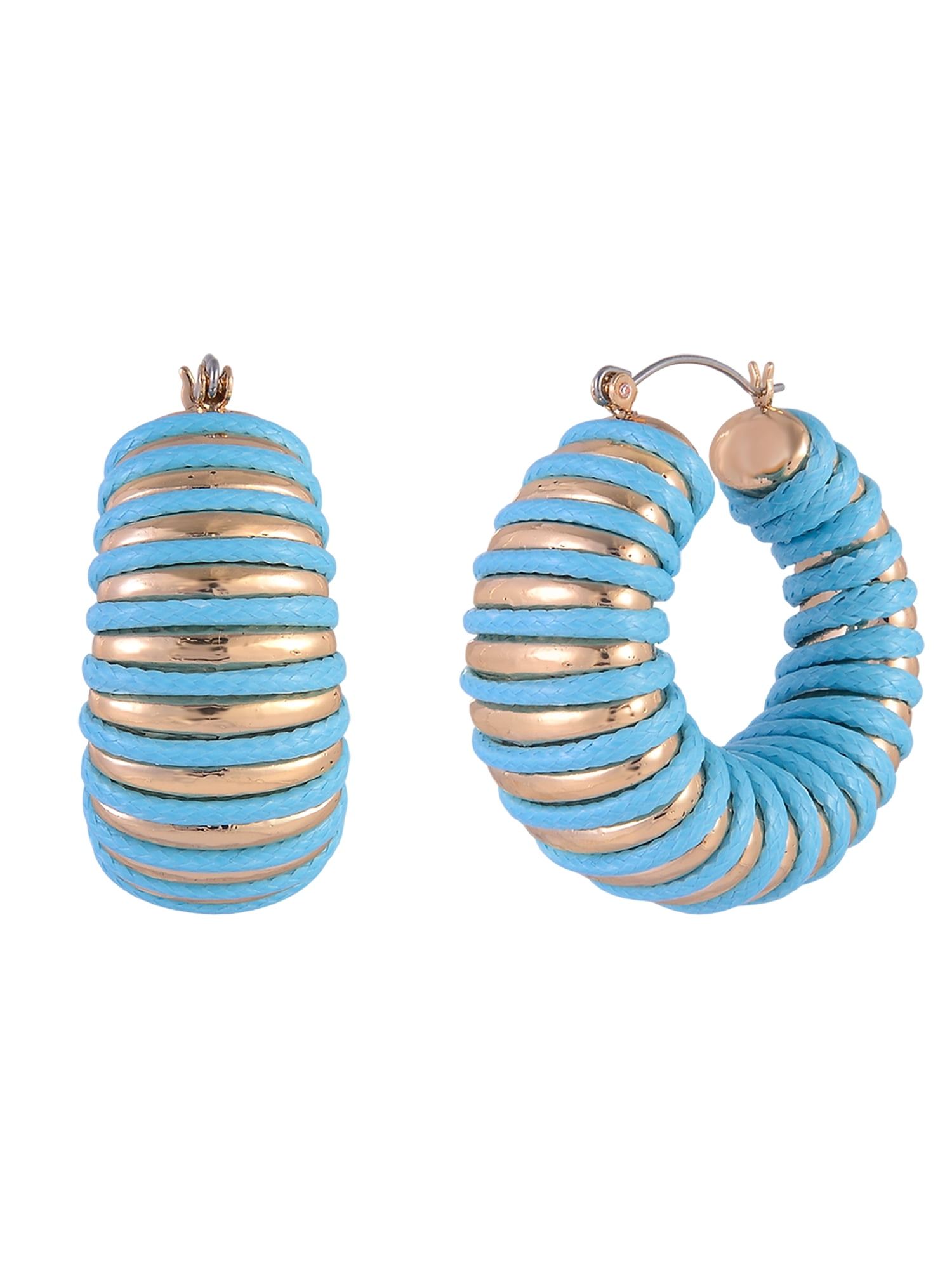 Goldtone Blue Cord Wrapped Hoop Earring
