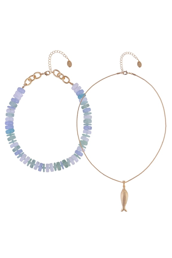 Goldtone Disc Beads with Metal Fish Pendant Layered Necklace