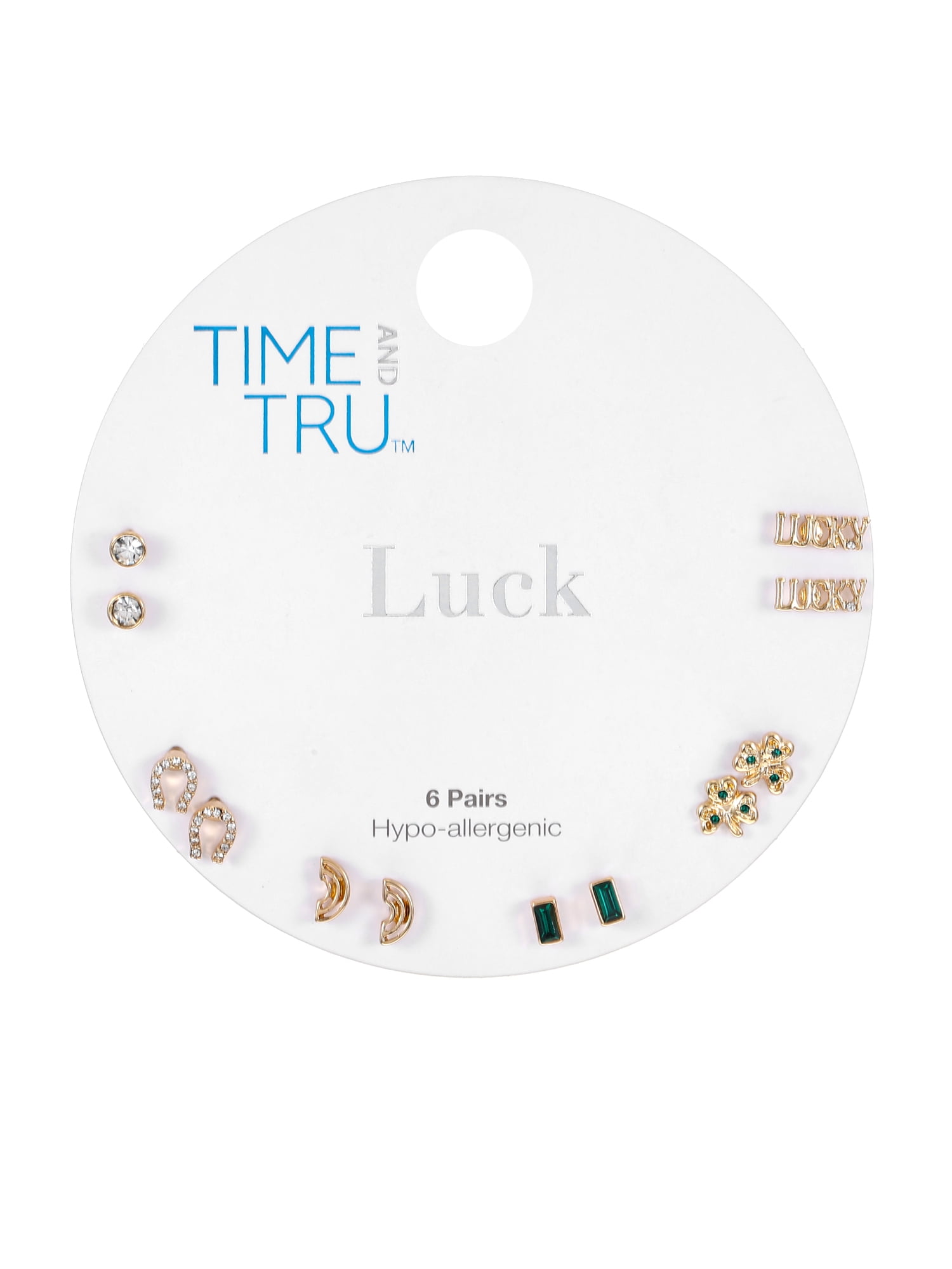 Time and Tru Goldtone Earring Set, "Luck" Motif, 6 Pairs