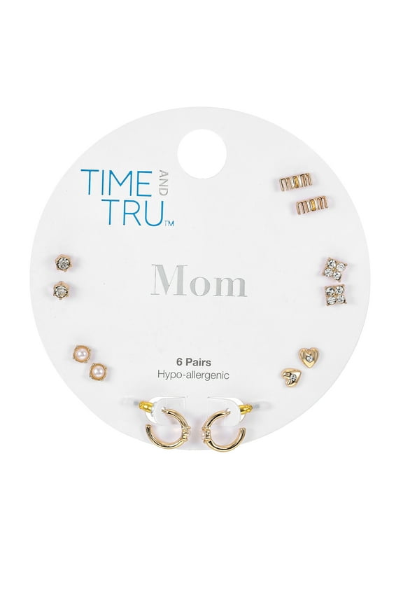 Goldtone Earring Set, "Mom" Motif, 6 Pairs