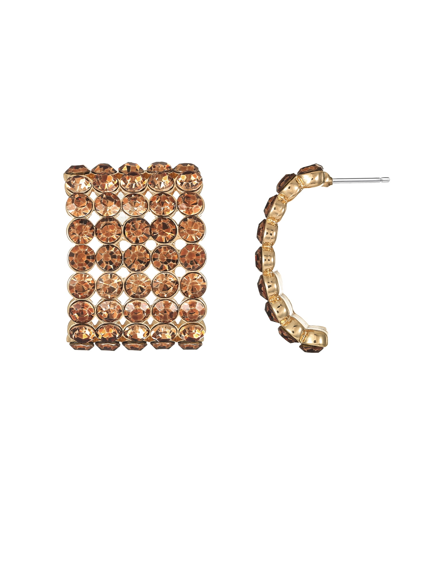 Time and Tru Goldtone Hoop Earring with Rows of Rhinestone, Brown, 1 Pair