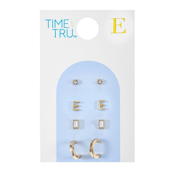 Time and Tru Goldtone Initial Letter Earring Set, 4 Pairs, Letter E