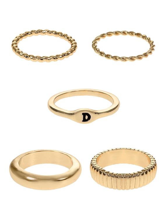 Goldtone Initial Letter Ring Set, 5 Piece, Size 7, Letter D