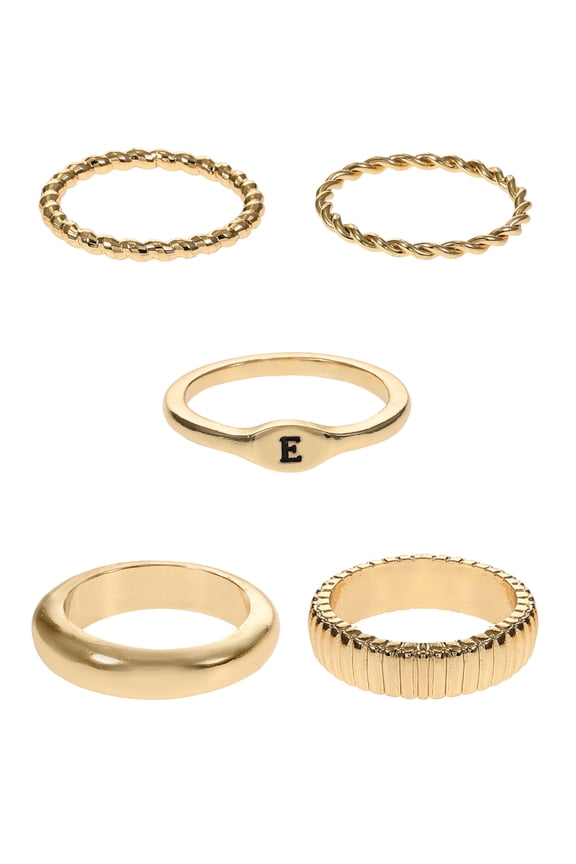 Goldtone Initial Letter Ring Set, 5 Piece, Size 7, Letter E