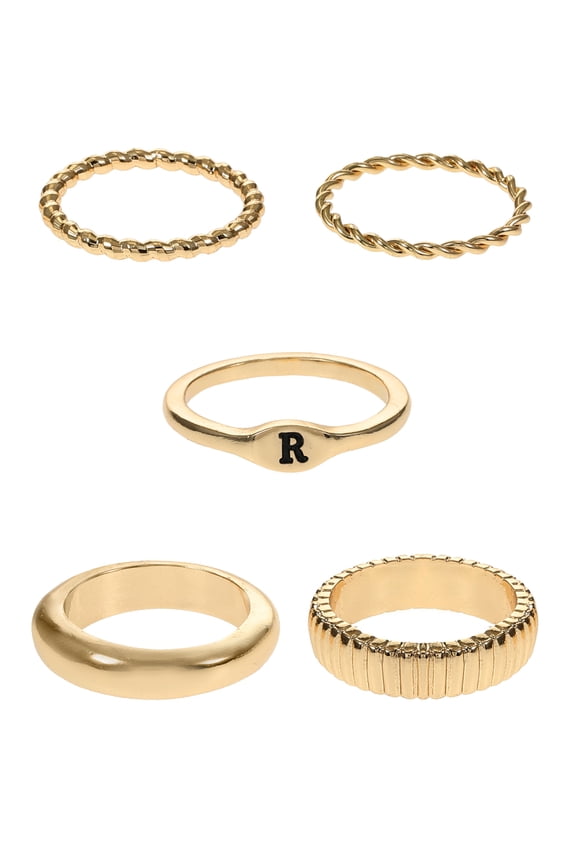 Goldtone Initial Letter Ring Set, 5 Piece, Size 7, Letter R